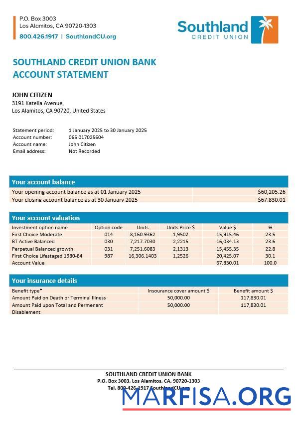 Printable USA California Southland Credit Union bank statement word example